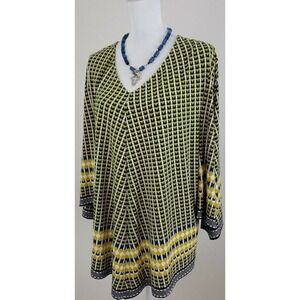 Chico's ~Woman Size 3~ Yellow/Blue Flare Top Blouse, Stretch, 3/4 Sleeve.